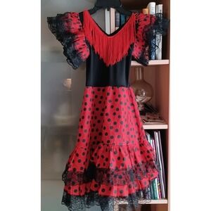 Flamenco Spanish Dancer Costume Girl's Sz 6 Red Black Polka Dots Fringe Stretchy